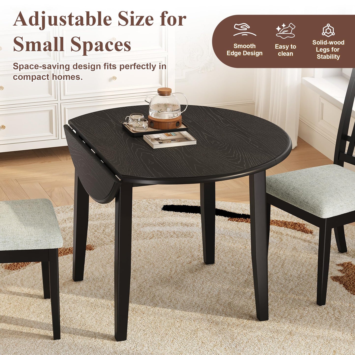P PURLOVE 5 Piece Round Dining Set for 4, 1 Folding Wood Table and 4 Upholstered Chairs for Small Spaces, Apartments, Space-Saving Design (Black)