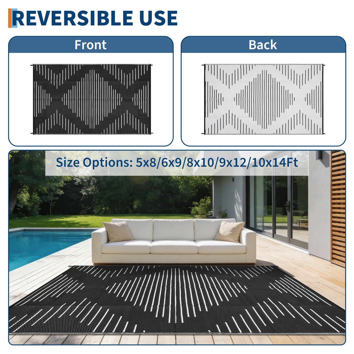 Garvee Waterproof Outdoor Area Rug 9x12 Plastic Reversible Rug for Patio Decor Easy-Cleaning Large Floor Mat for Camping RV Porch Deck Backyard Balcony Picnic Black White