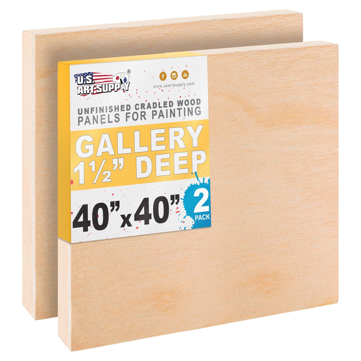 U.S. Art Supply 40" x 40" Unfinished Cradled Wood Panels for Painting, Gallery 1-1/2" Deep (2 Pack) - Artist Depth Wooden Wall Canvases - Mixed-Media Craft, Acrylic, Oil, Encaustic, Paint Pouring