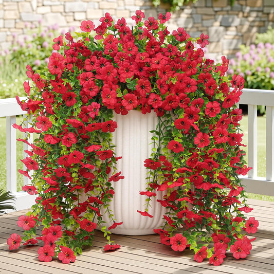 Artificial Fake Hanging Flowers Plants for Outdoor Spring Summer Decoration, 4PCS Faux UV Resistant Silk Daisy with Eucalyptus Leaves Realistic Planter for Porch Patio Home Balcony Yard Decor(Red)