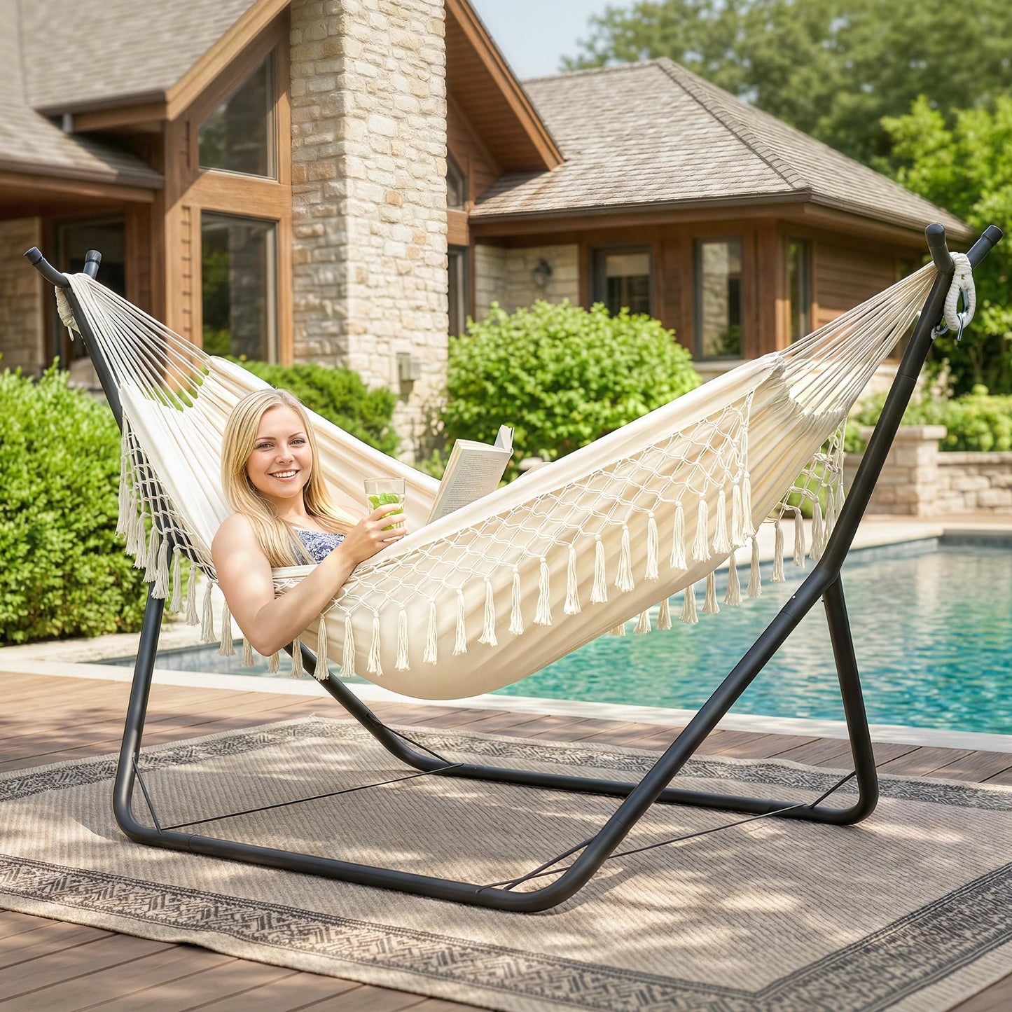 ANOW Outdoor Hammock with Stand Included, Space Saving Heavy-Duty Hammock Stand with Adjustable Height, 475 Lbs Capacity, Cream with Tassels