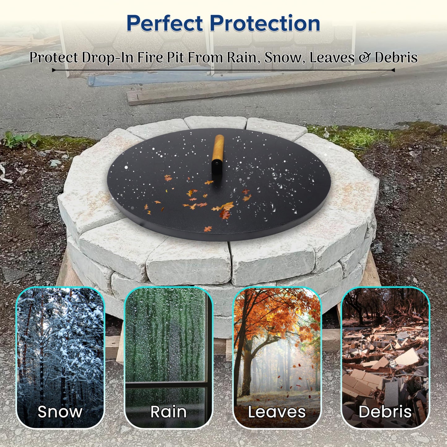 22” firepit lid round for inside up to 20” gas fire pit lid for Outdoor Fireplace Cover Lid Steel fire pit metal cover W/ Wooden Handle & Powder Coated Snuffer Lid for Round Patio Fire Pit Ring