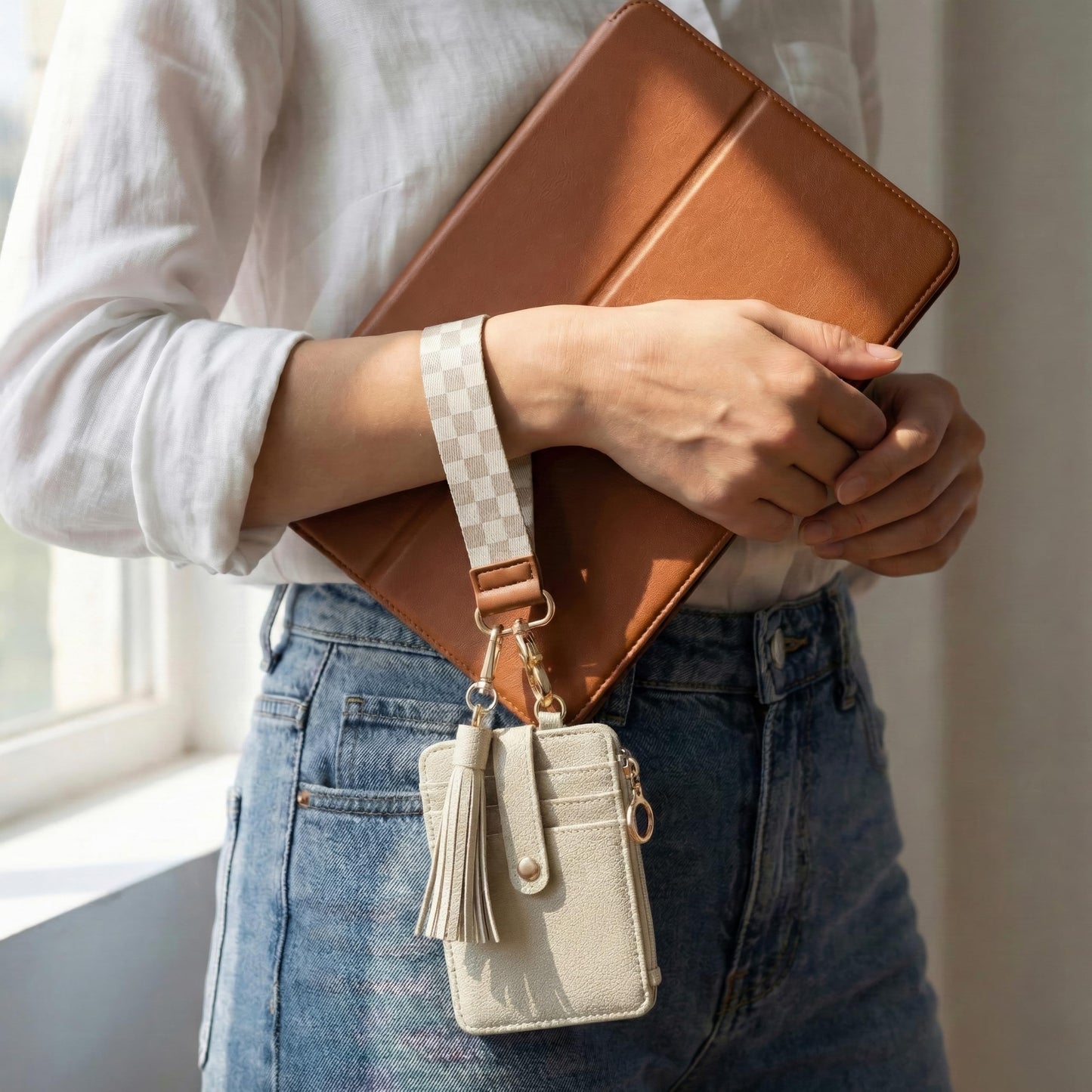 Stylish Wristlet Keychain Wallet for Women - Slim Design Credit Card Holder w/ Plenty of Storage incl. Clear ID Window & Zipper Pocket - Easy Carry RFID Blocking Wallet w/ Tassel, Lanyard & Gold Rings