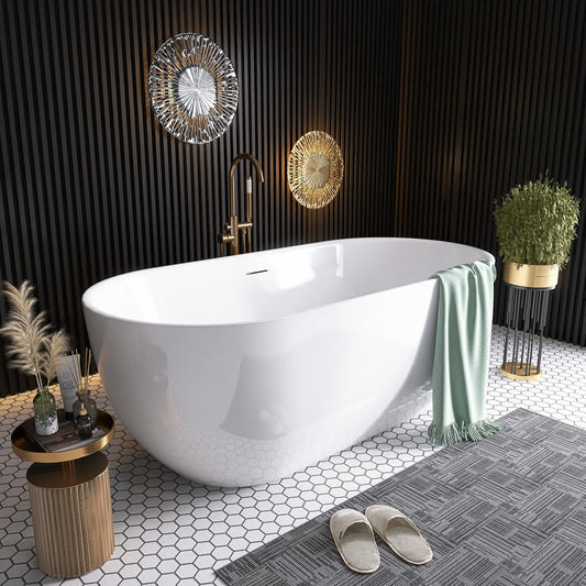 59" Free Standing Tub, Pure Acrylic Freestanding Bathtub, Stylish Stand Alone Contemporary Deep Soaking Bath Tub, cUPC Certified SY6850 (Glossy White)