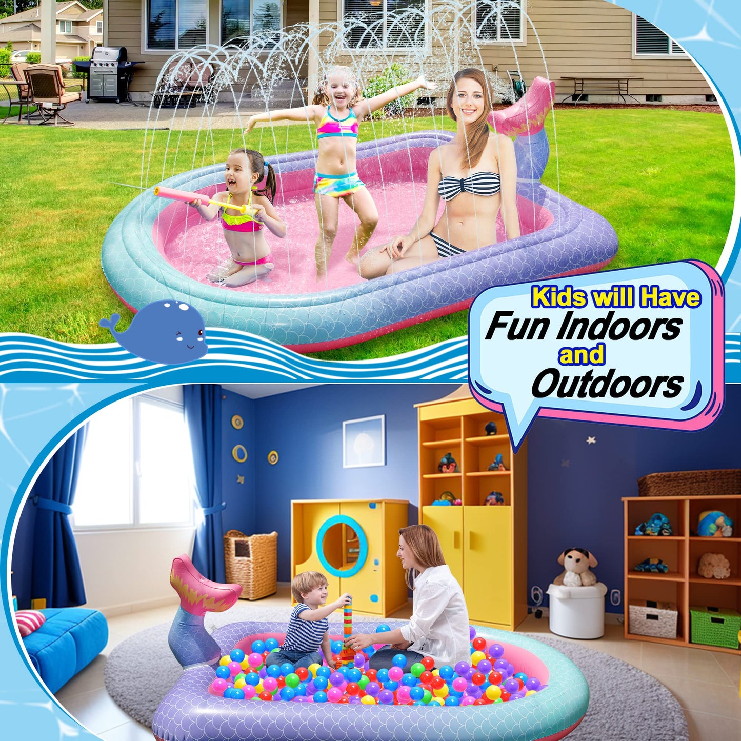 Ancesfun 65" Mermaid Splash Pad & Sprinkler for Kids, Large Outdoor Water Play Mat Summer Inflatable Wading Pool, Fun Sprinkler Water Toys for Toddlers Babies Boys Girls Age 3+ -Pink
