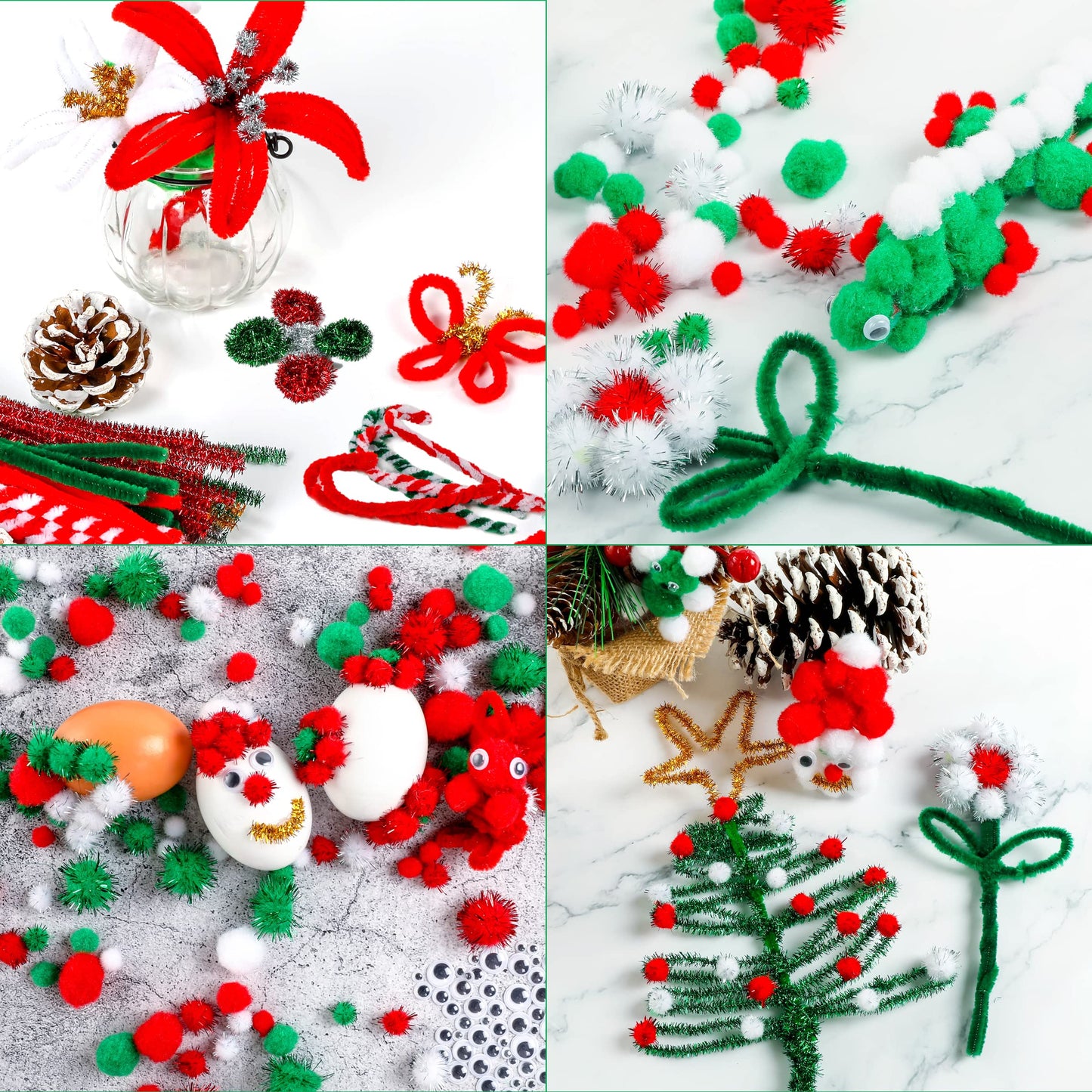 Christmas Pipe Cleaners,700 Pcs Pipe Cleaners Craft Set Including 200 Pcs Pipe Cleaners,400 Pcs Pom Poms Balls,100Pcs Wiggle Googly Eyes Self Adhesive Suitable for Home&School DIY Art Crafts