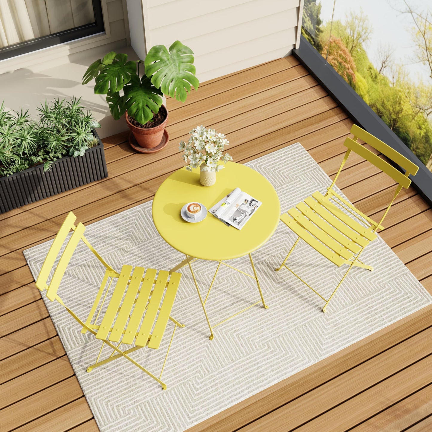 3-Piece Folding Bistro Set, Outdoor Patio Furniture Set with 2 Chairs & 1 Table, Space-Saving Foldable Balcony Garden Set with Heavy-Duty Powder-Coated Steel Frame, No Assembly Required, Yellow
