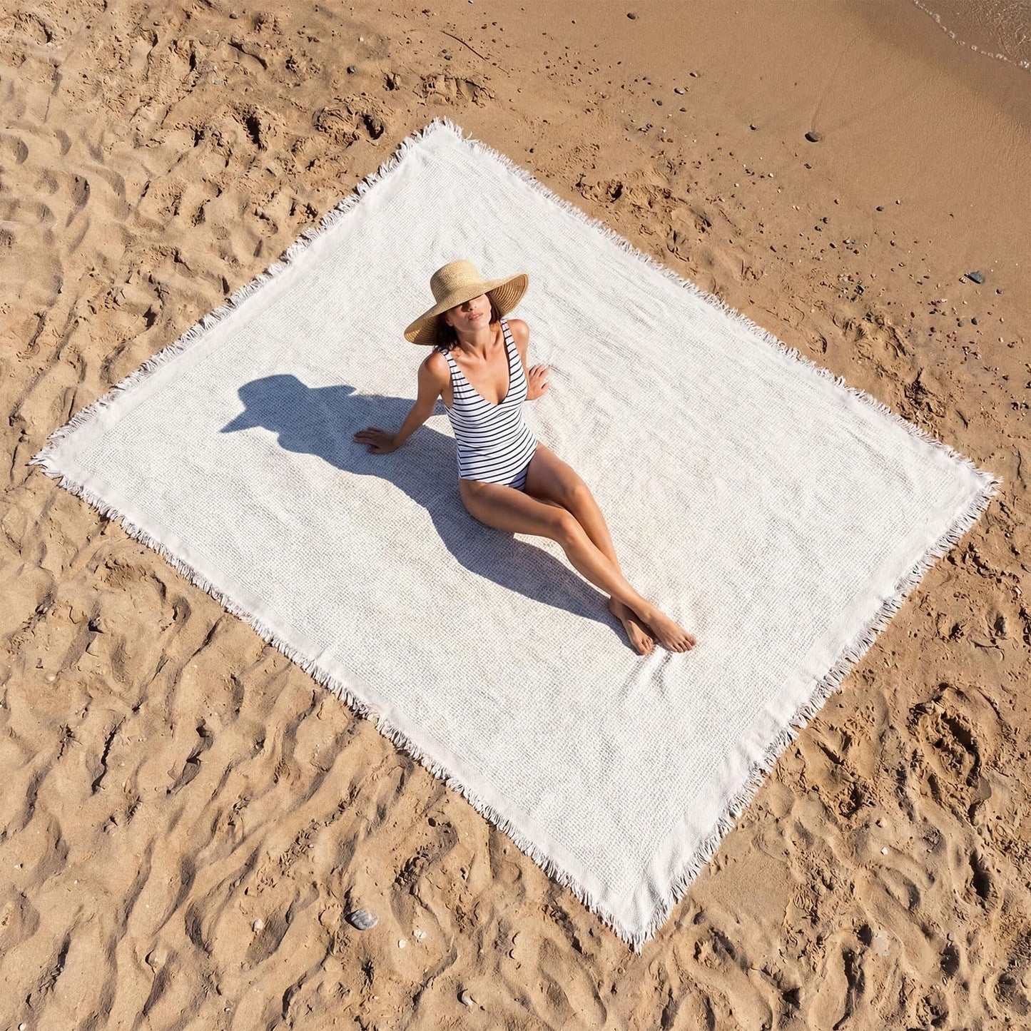 Hillsuren Giant Beach Blanket with Fringe 91 x 71 Inch Waffle Woven Cotton Oversize Yarn Outdoor Picnic Blanket Bohemia Sandproof Beach Towel for Spring Summer Camping Accessories(Milky White)