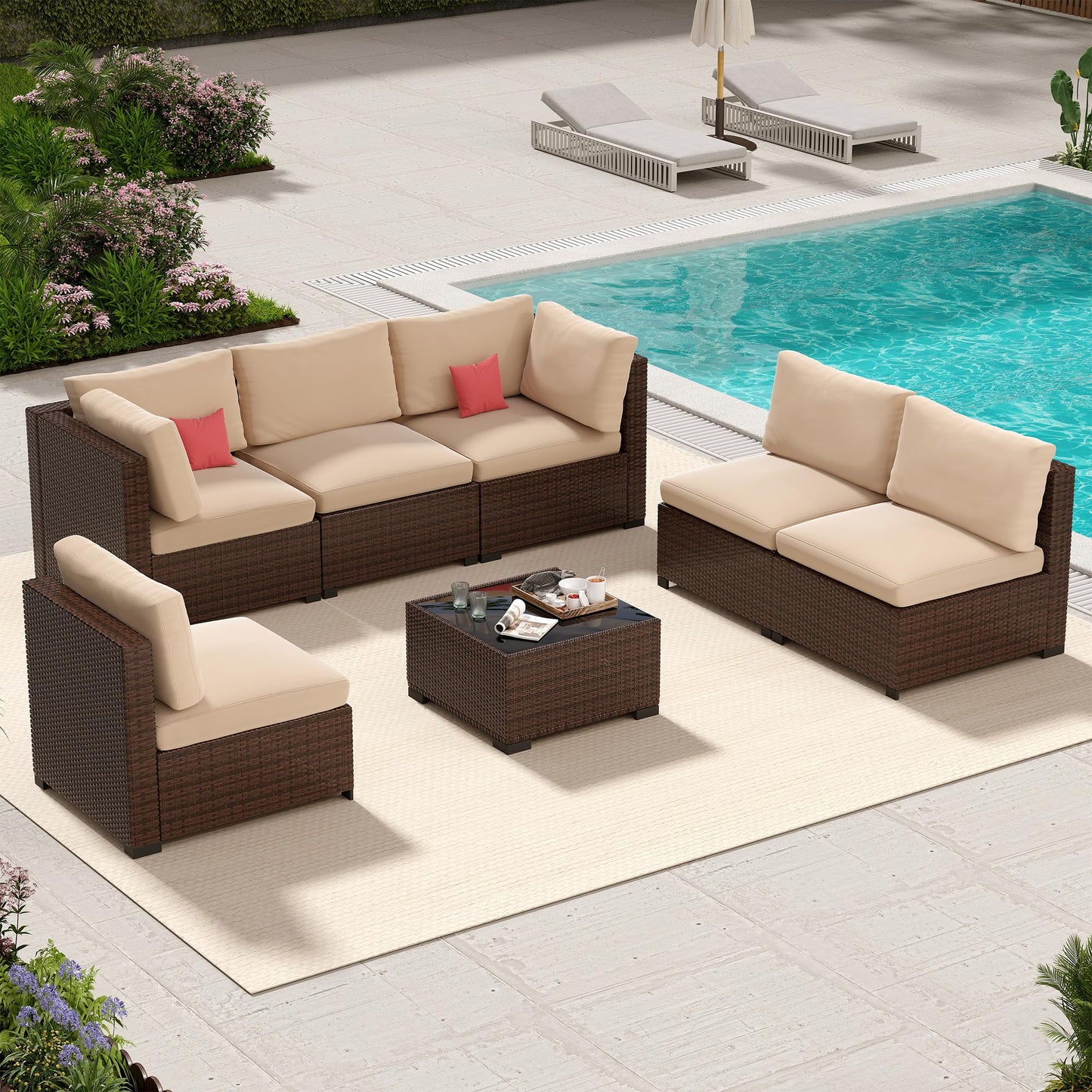 LHBcraft 7 Piece Outdoor Patio Furniture Set, Wicker Hand-Woven Patio Furniture Set Outdoor Patio Sectional Sofa for Backyard Rattan Seating with Beige Cushion