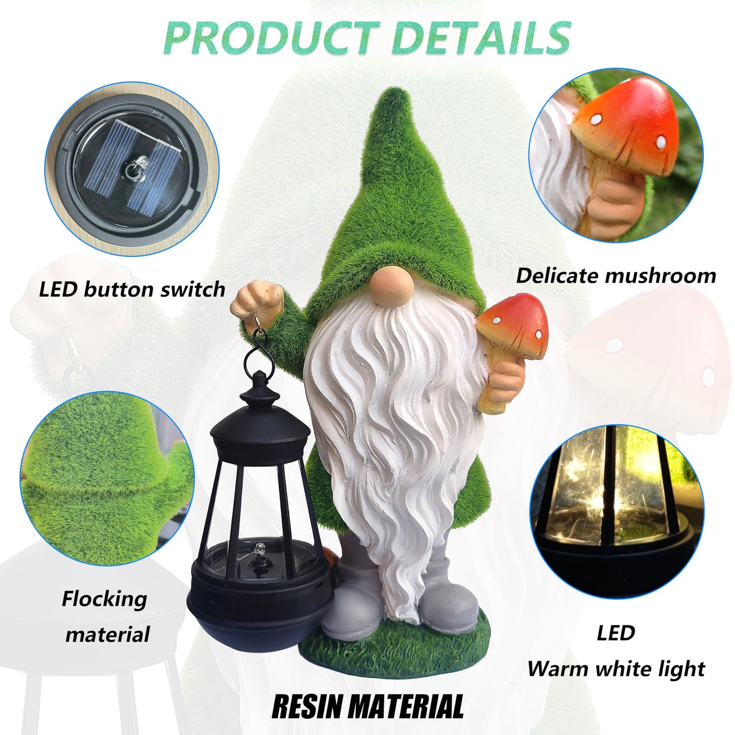 VIOYOUNS Solar Gnomes Garden Statues,Resin Gnome Figurine Holding Mushroom and Solar Lights Lantern,Outdoor Yard Art Decorations for Garden Patio Lawn