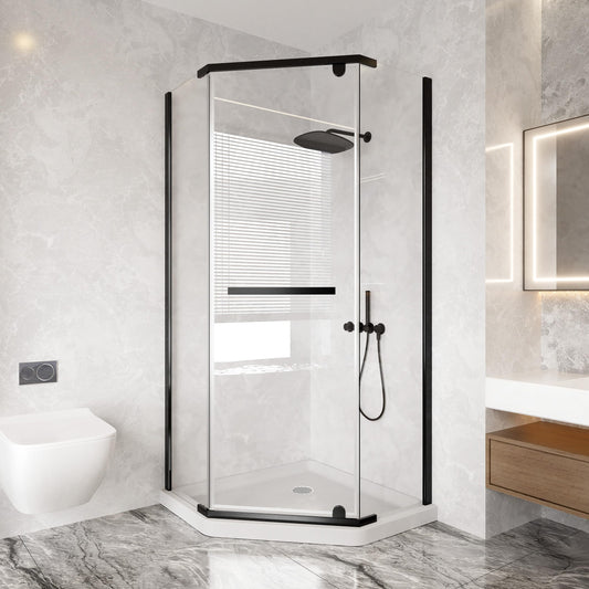 CKB Pivot Shower Door, 36" D x 36" D x 76" H, 1/4" ANSI Tempered Glass with Easy-Clean, Reversible Left or Right Corner Shower Glass Door. with Stainless Steel Towel Bar. Matte Black