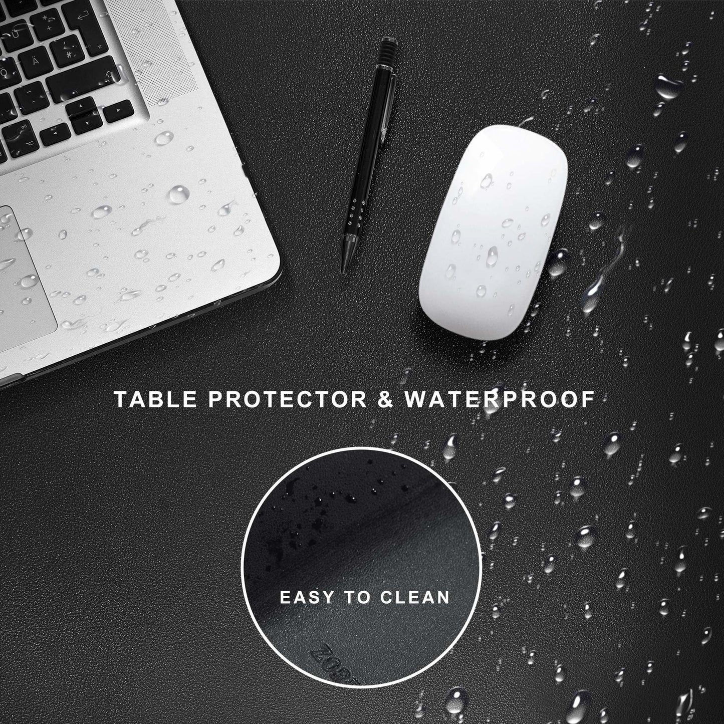 ZORESYN PU Leather Desk Mat Waterproof Anti-Oil Dining Table mat - 70.9" x 23.6" - Large Mouse Pad with Suede Base,Stitched Edges Office Desk Pad for Office & Home | Black