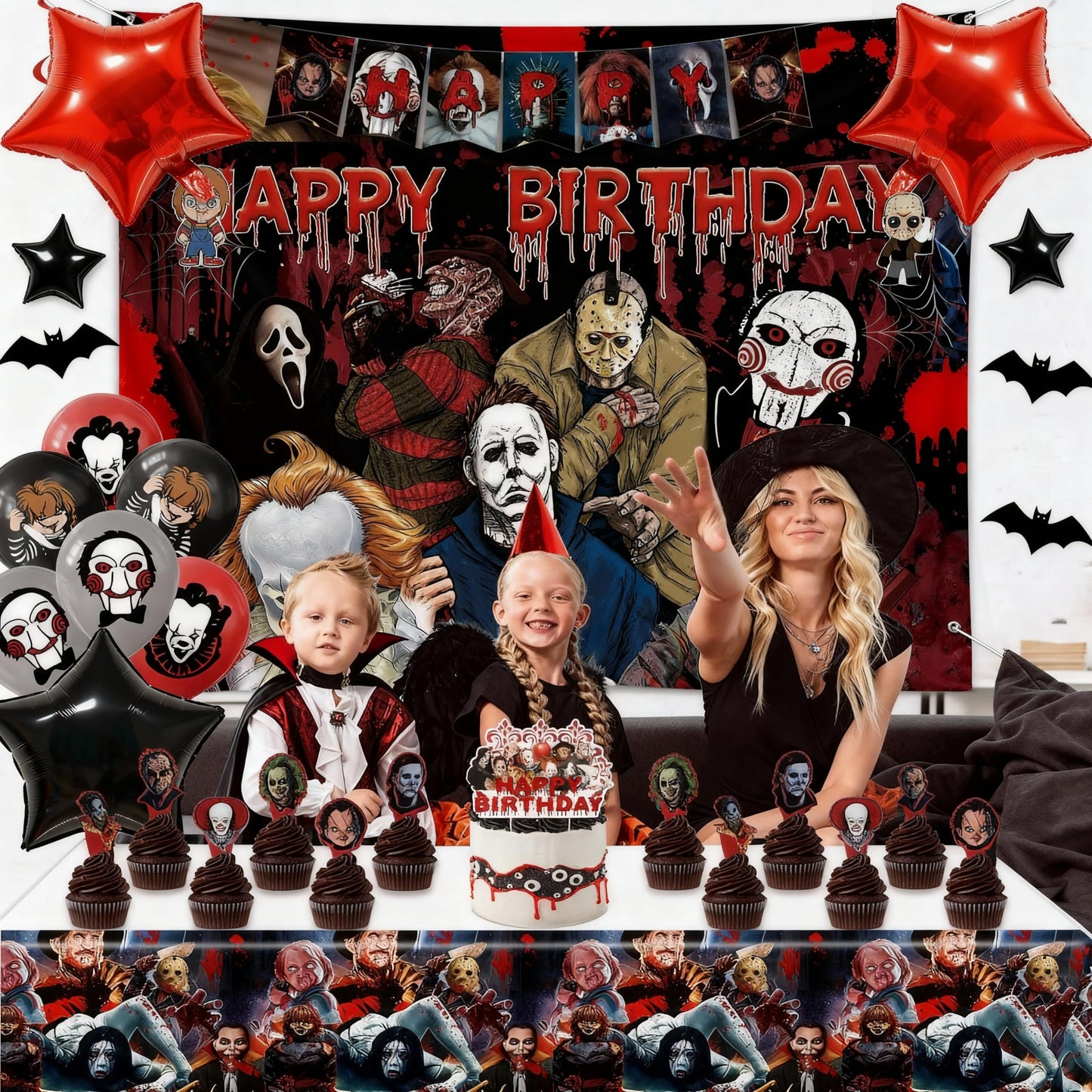 Taeku Horror Birthday Party Decorations – 50 Pcs Halloween Theme Kit with Banner, Balloons, Cake Toppers, Backdrop & Tablecloth – Scary Party Supplies for Kids & Adults