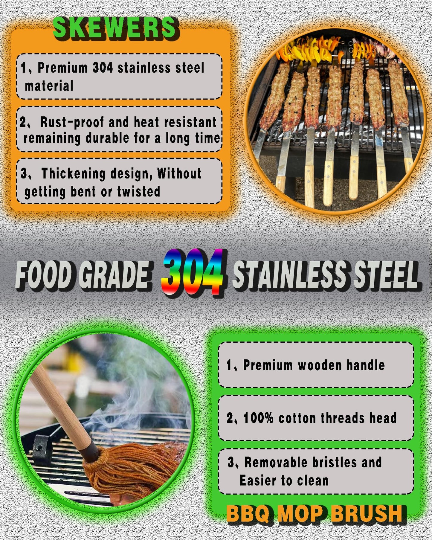 JOWHONK 23.5" Long Kabob Skewers,1 Inch Wide 304 Stainless Steel Barbecue Skewers for Grilling with Wooden Handle,Metal Flat BBQ Skewer for Koubideh Brazilian Shish Kebab Skewer(8),BBQ Mop Brush(1)