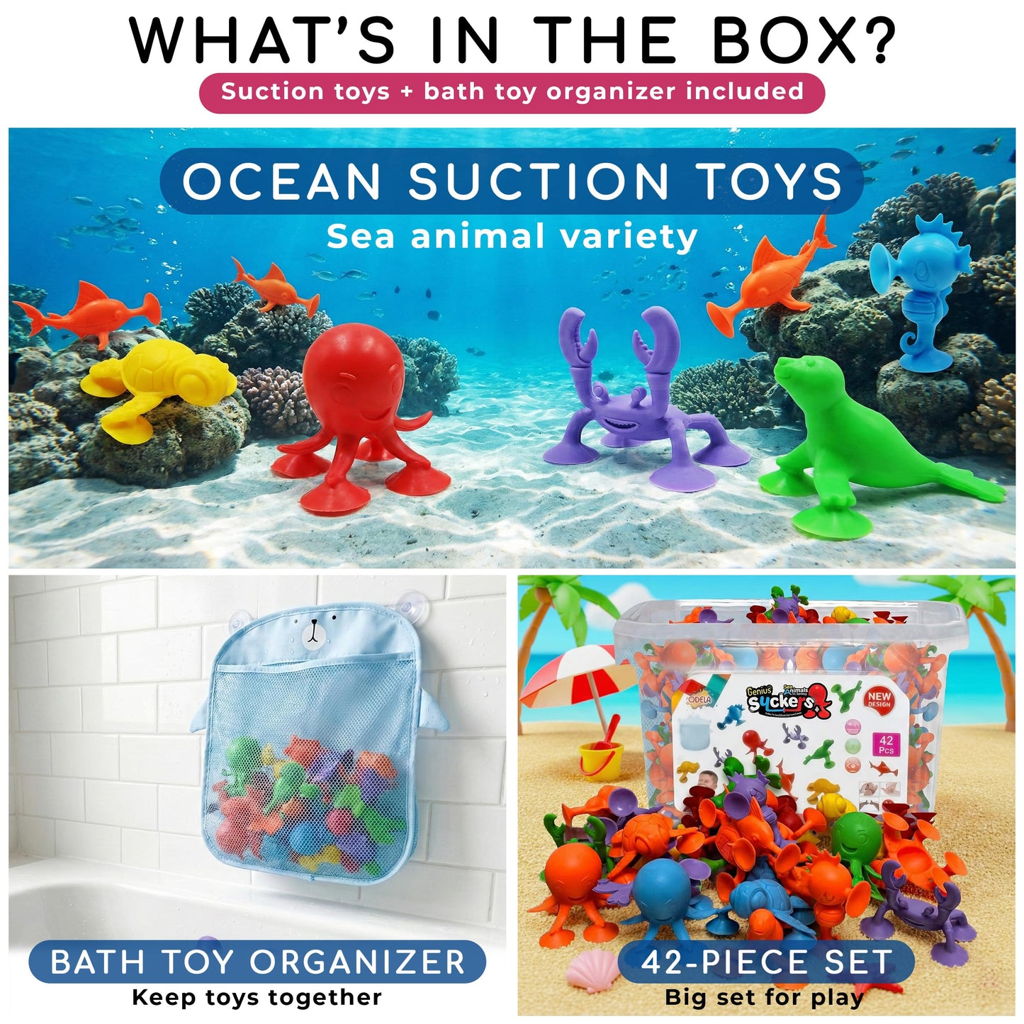 ODELA Genius Sucker Toys 42PCs Sea Animals Edition – Fun Colorful Toddler Bath Toy Animal Toys for Toddlers 1-3 – Safe and Durable Materials – Educational and Cute Designs – Ideal for Bath Time, Pool