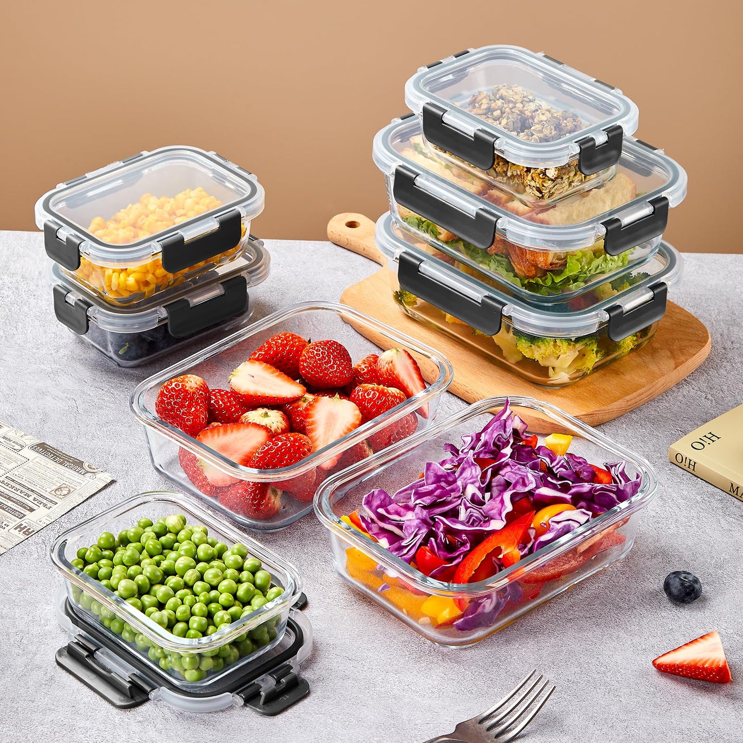 Liuruiyu 10 Pack Glass Food Storage Containers with Lids, Meal Prep Containers, Airtight Bento Boxes with Leak Proof Locking for Microwave, Oven, Freezer and Dishwasher, BPA Free