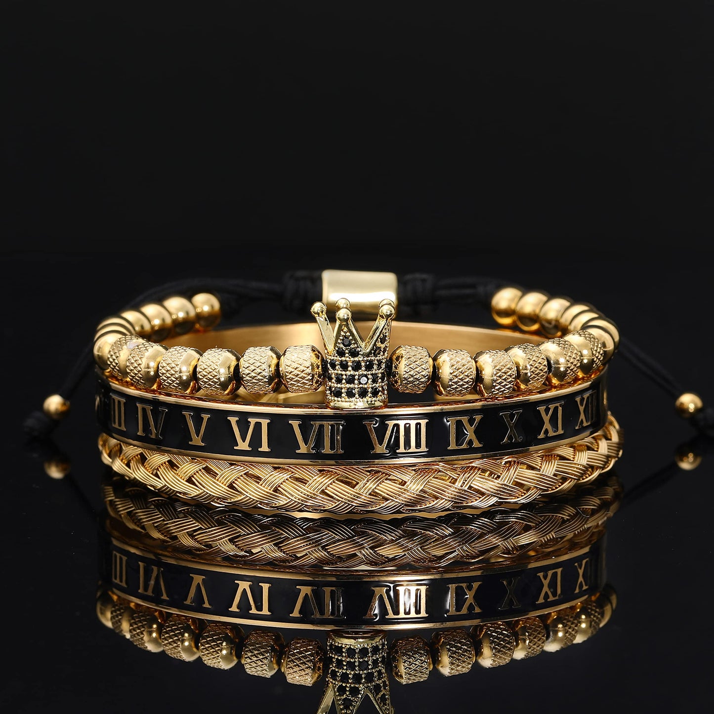 WFYOU 3PCS Stainless Steel Bracelets for Men Gold Roman Numeral Bangle Bracelet Twisted Cable Bracelet Adjustable Cuff Bracelet Mens Luxury Jewelry Bracelets Gifts(I:Gold)