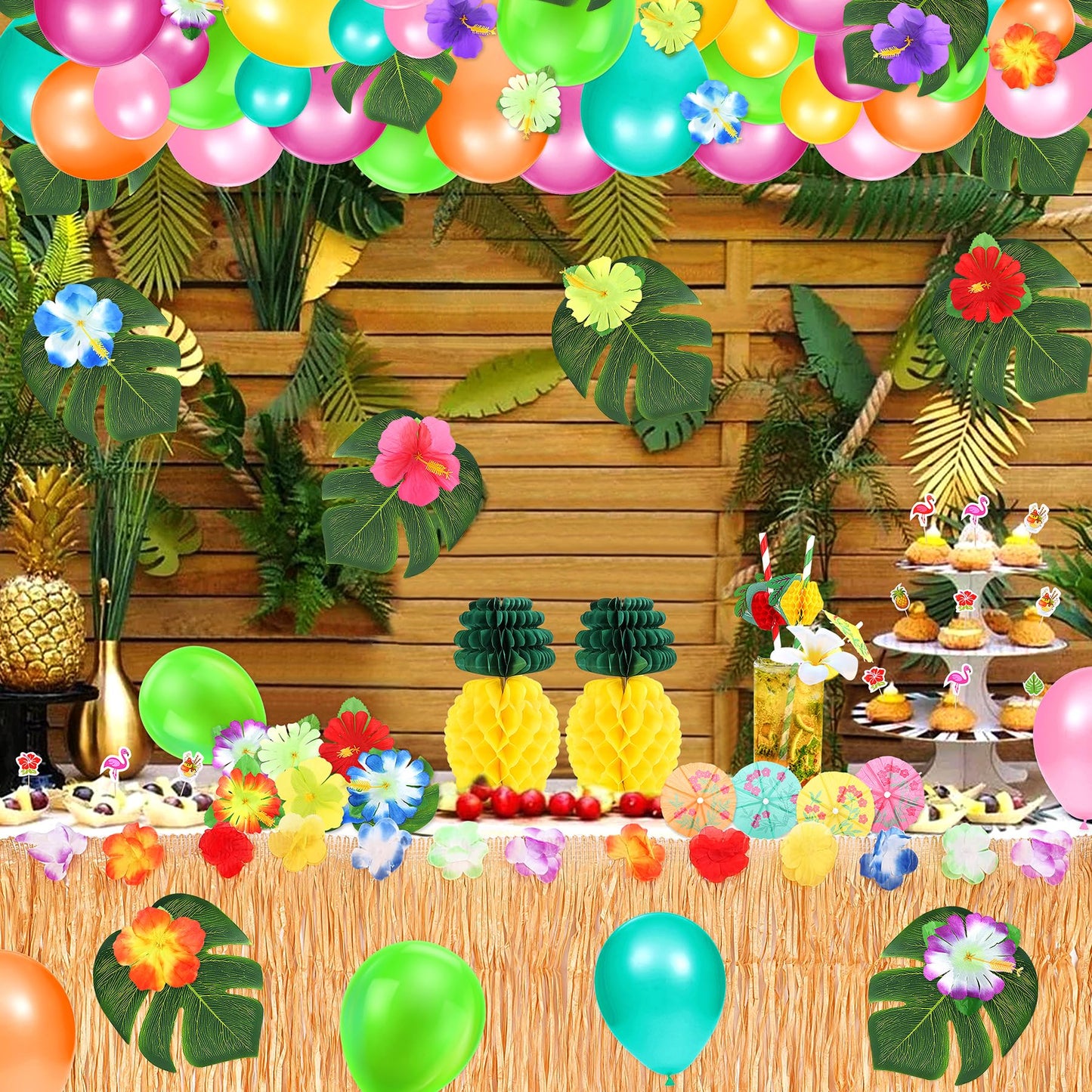 165PCS Hawaiian Luau Party Decoration, Tropical Beach Party Decorations with Balloons, Aloha Party Decor, Summer Pool Party Supplies with Hawaii Table Skirt
