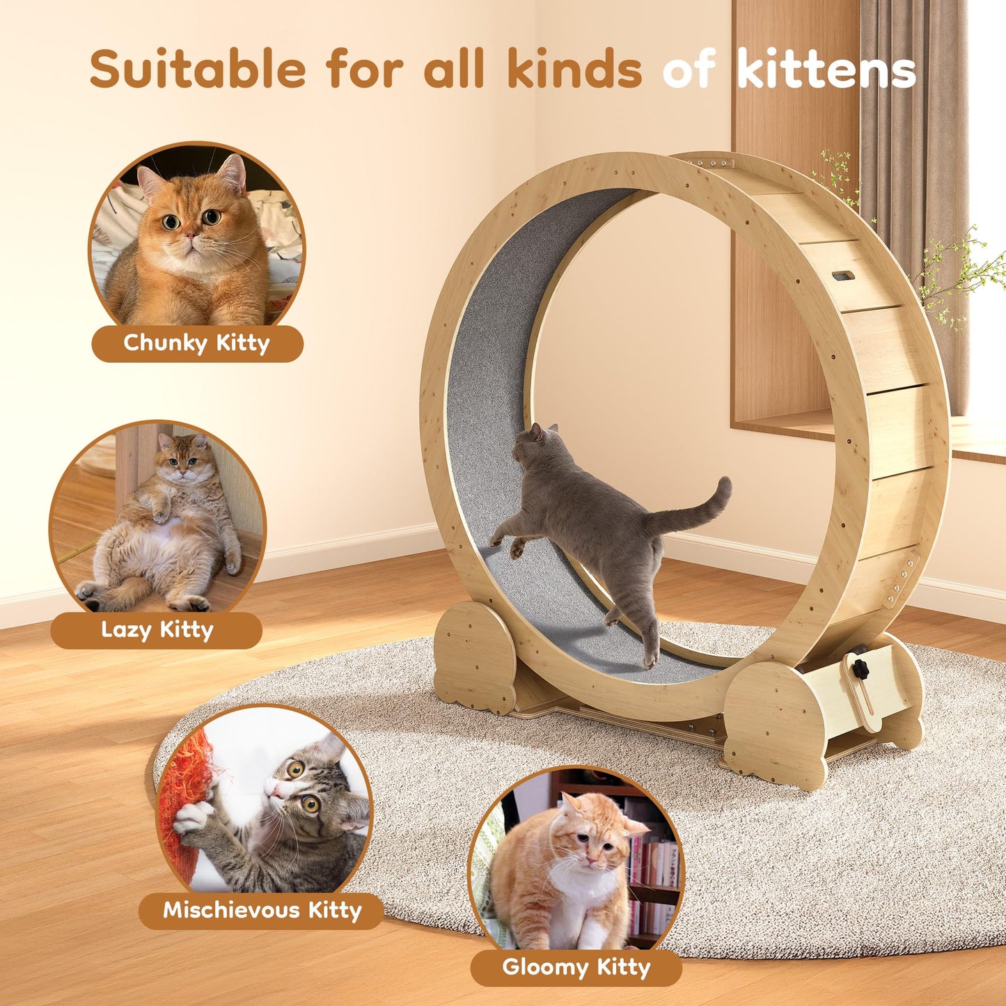 FansaFurn Cat Exercise Wheel for Indoor Cats – 46" Running Treadmill with Felt Track, Perfect for Small & Adult Cats, Natural Wood Color