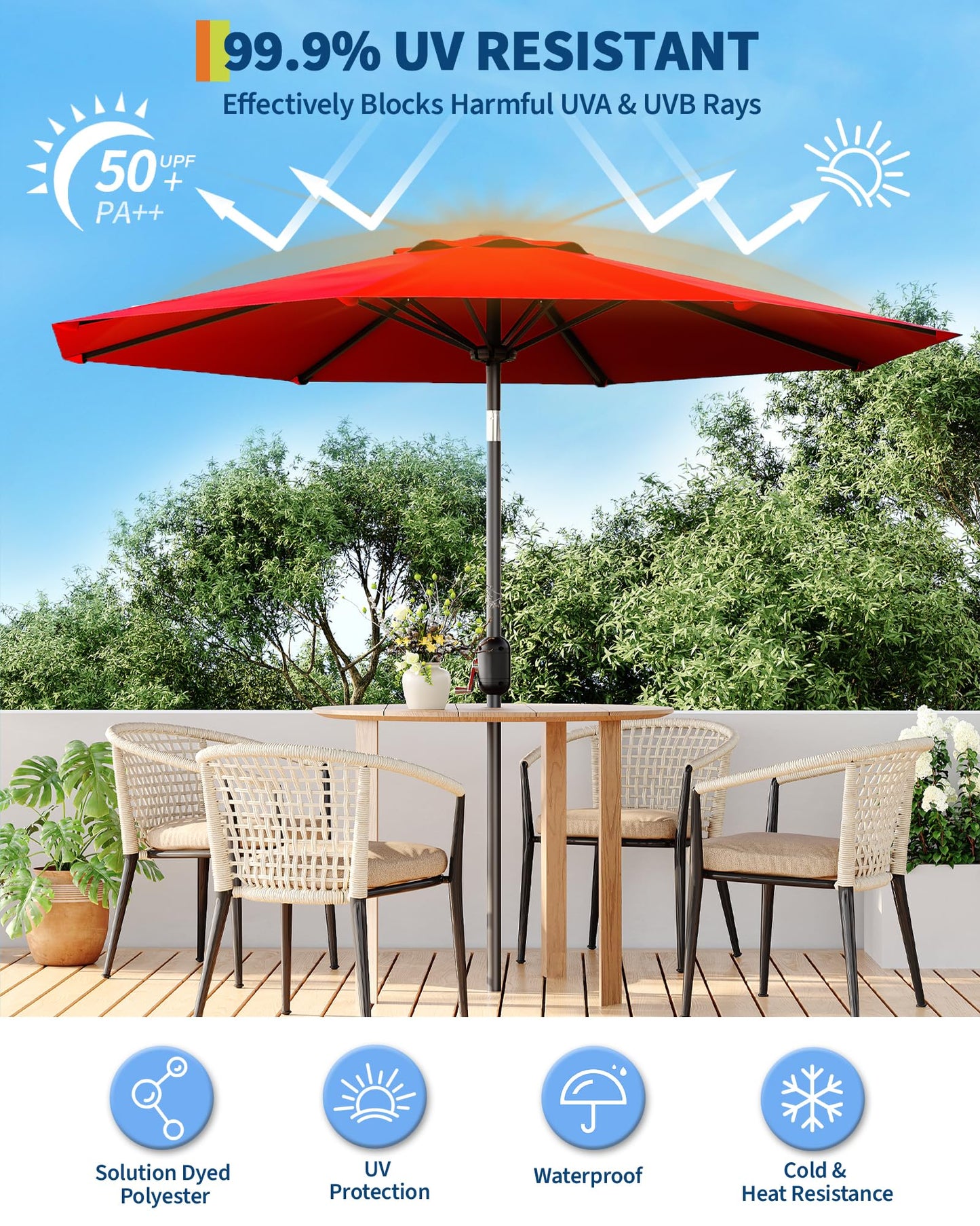 GarveeLife 9 ft Outdoor Patio Umbrella, Table Market Umbrella With Push Button Tilt and Crank, 8 Sturdy Ribs UV Protection Waterproof for Garden, Deck, Backyard, Pool (Red)