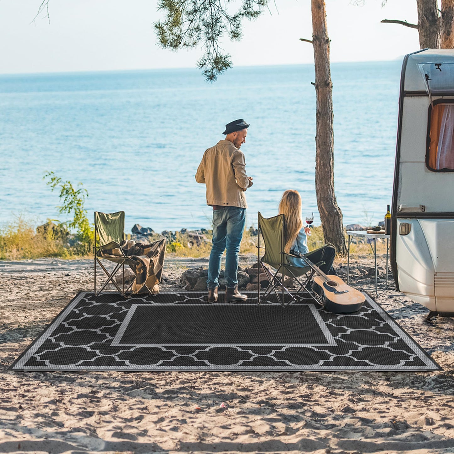 GENIMO 8' x 10' Outdoor Rug Patio Waterproof, Reversible Plastic Straw Area Rugs Mat for Camper Decor, Outside Carpet for Camping, Rv, Deck, Porch, Picnic, Beach, Balcony, Black & Grey