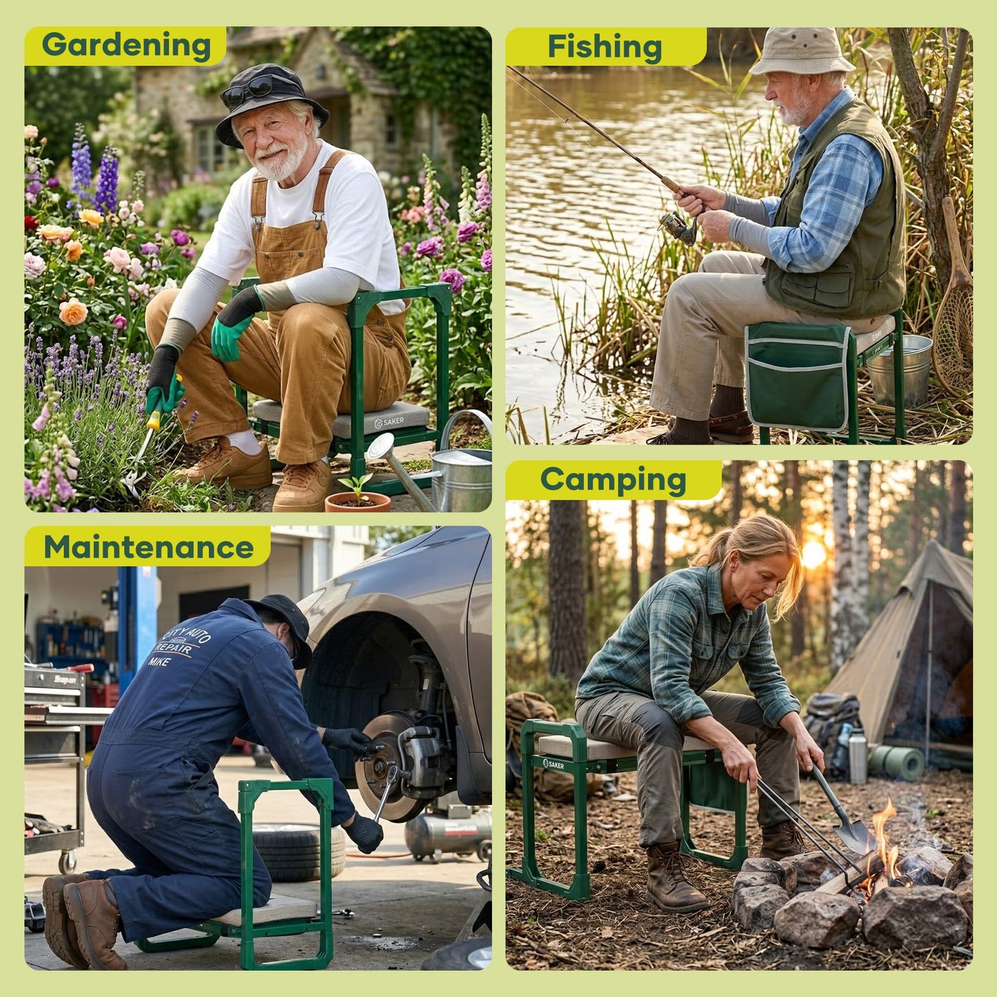 Saker Garden Kneeler and Seat Foldable Gardening Stool with Extendable Legs & Thickened Pad, Tool/Storage Bag, Heavy Duty 500lbs Support for Elderly, Gardening, Outdoor Use