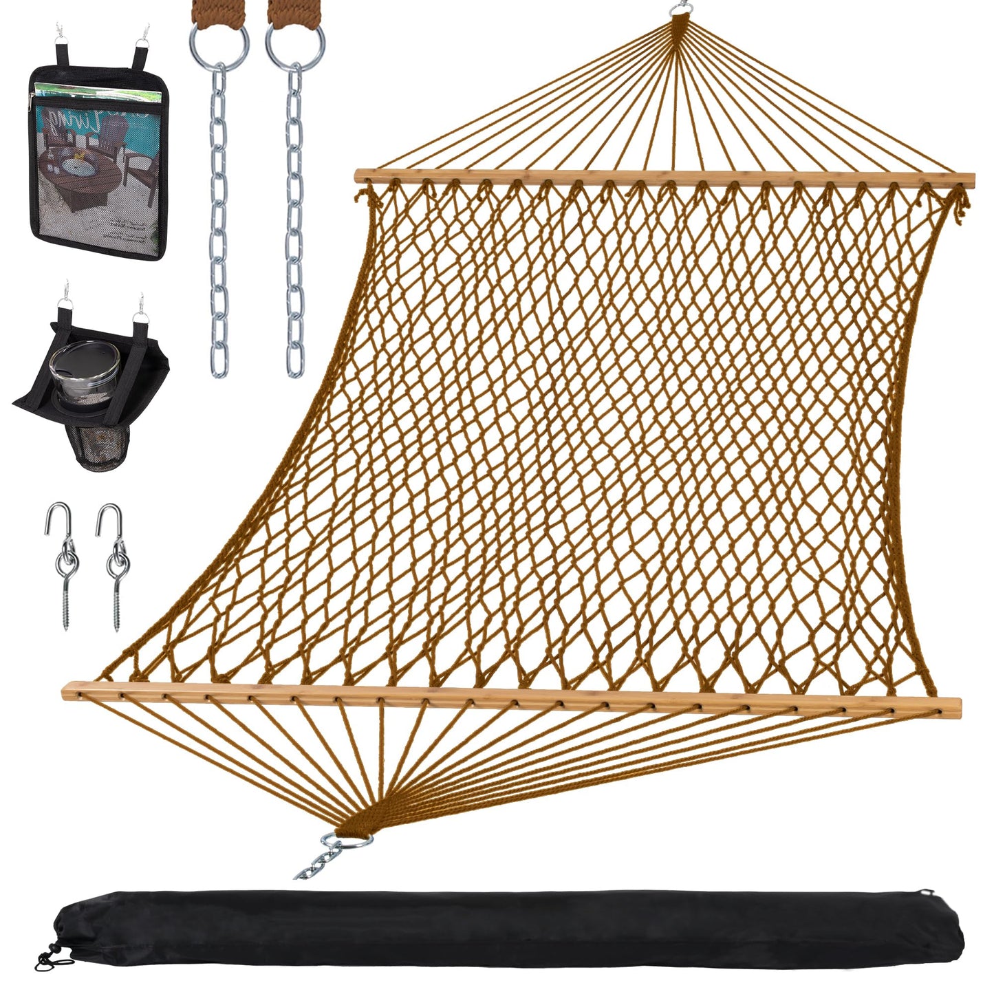 SUNCREAT Portable 2 Person Hammock with Carrying Bag, Tree Hooks, Magazine Bag, Bottle Holder, Heavy Duty Hanging Tree Hammock, Brown