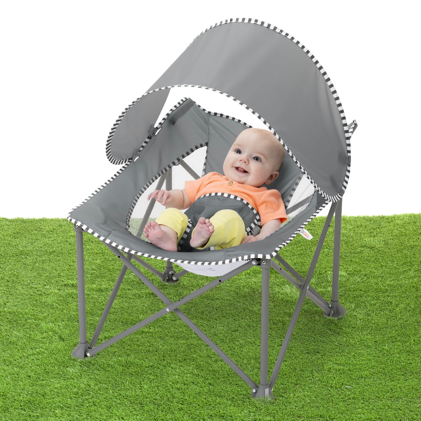 Bright Starts Pop 'N Chill Portable Infant Beach Chair, Travel Seat with UPF 50+ Canopy, Indoor/Outdoor Baby Seat, Grey, 0‑6 Months