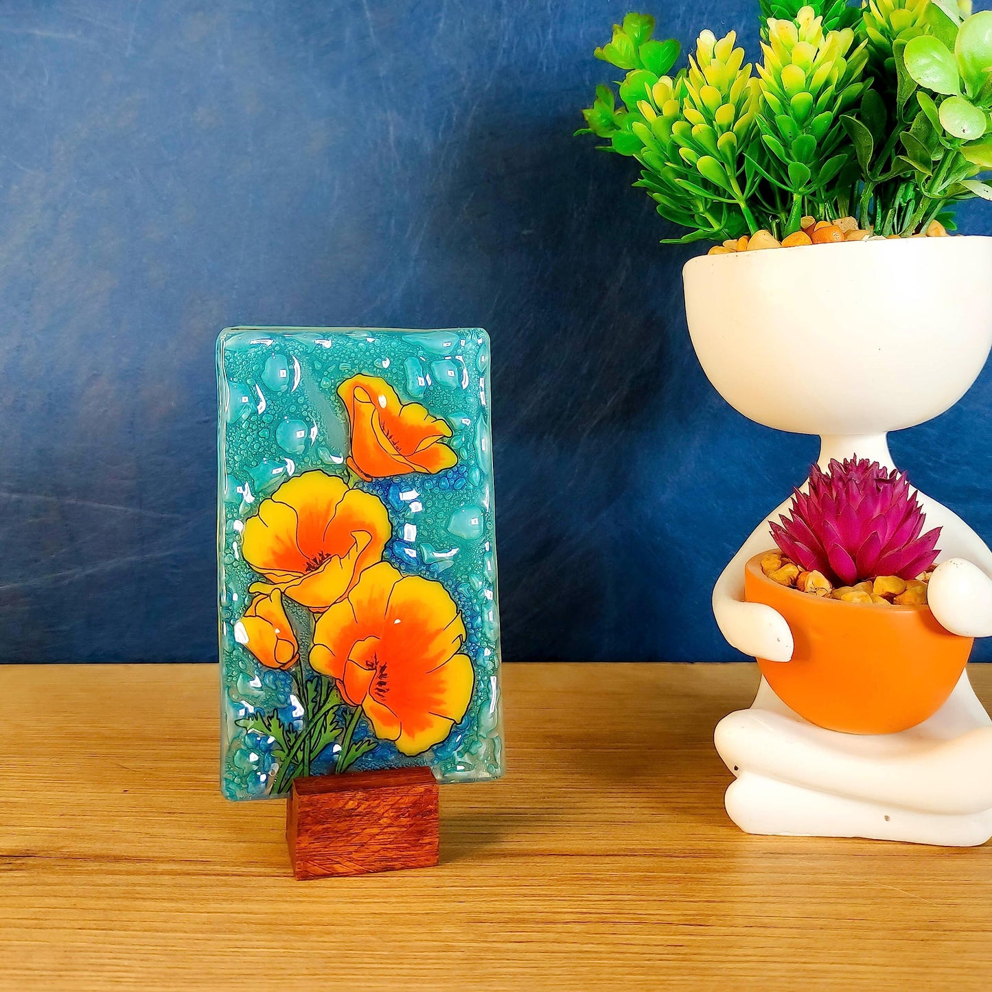 Bolla Glass Art - California Poppy Ornament Desk - Handmade Fused Glass Art, 4.35-Inch Tabletop Decoration, Unique Handmade Gift, Scratch-Resistant & Fade-Resistant, Eco-Friendly with Wooden Stand