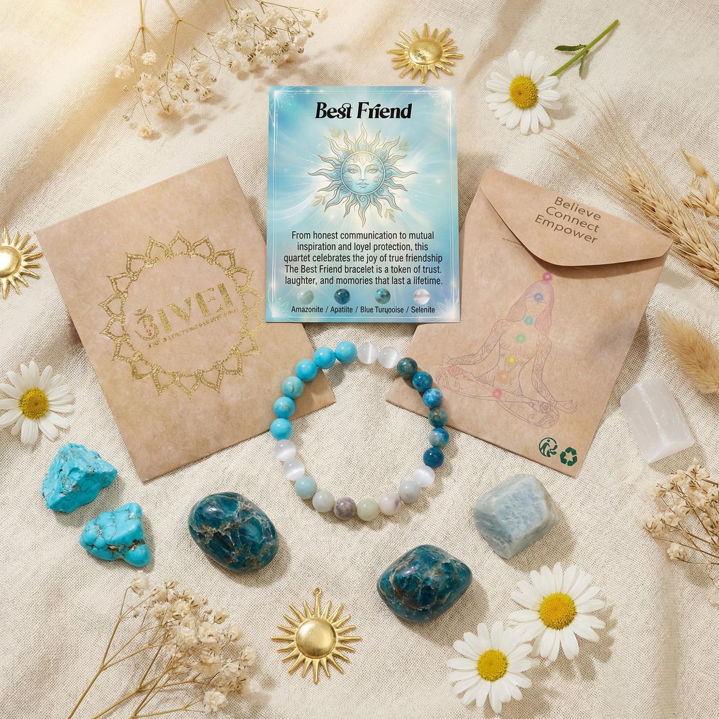 Bivei Best Friend Bracelet, Strength Crystal Healing Bracelet 8MM with Amazonite & Apatite & Blue Turquoise & Selenite - Spiritual Stretch Beaded Jewelry for Women Men Gift