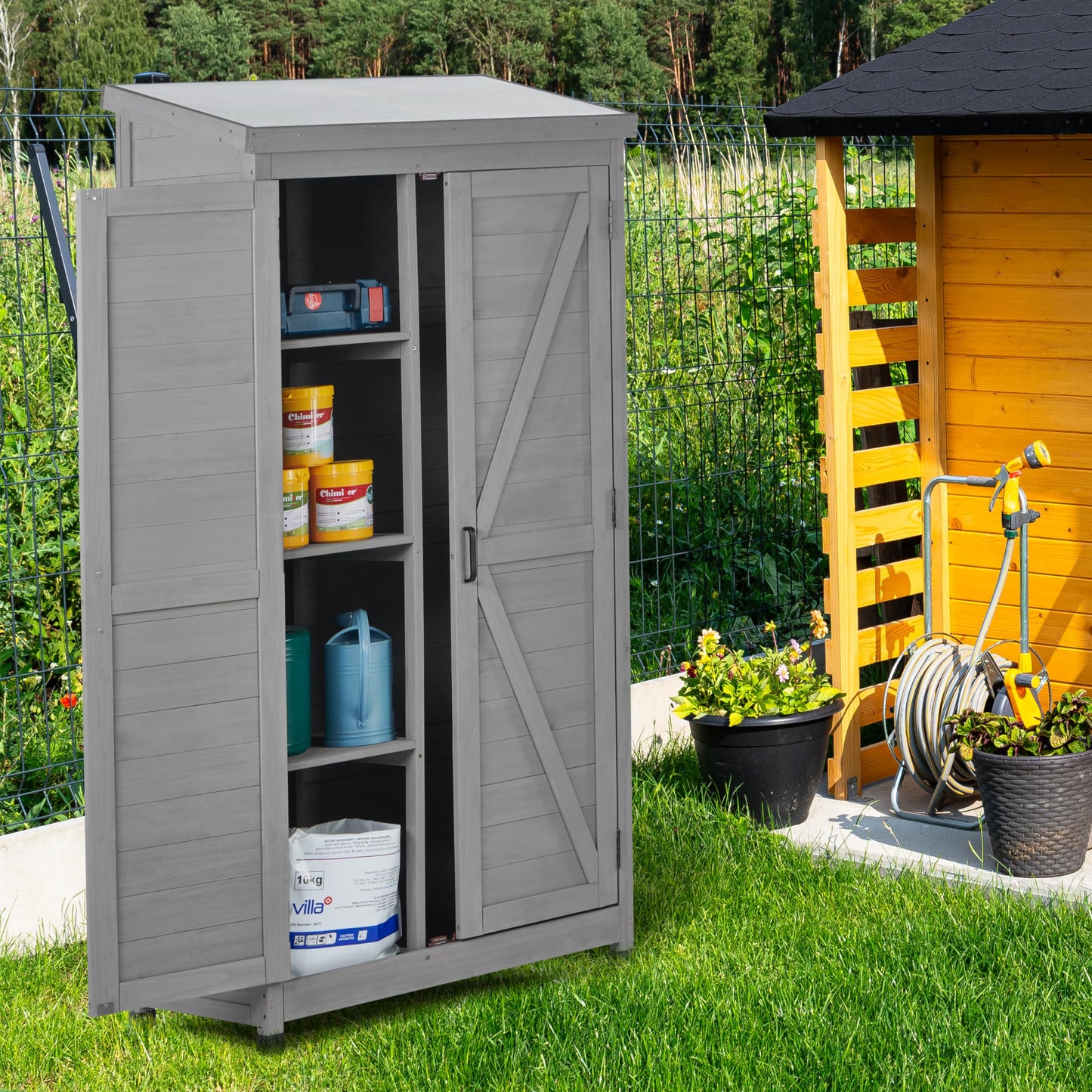 Ball & Cast 68" Garden Shed Tool Shed with Metal Top and Adjustable Protective Footpad,X-Shape Design Outdoor Cedar Wood Storage Cabinet W/Magnetic Door,Tall Shelter for Yard Patio,Gray