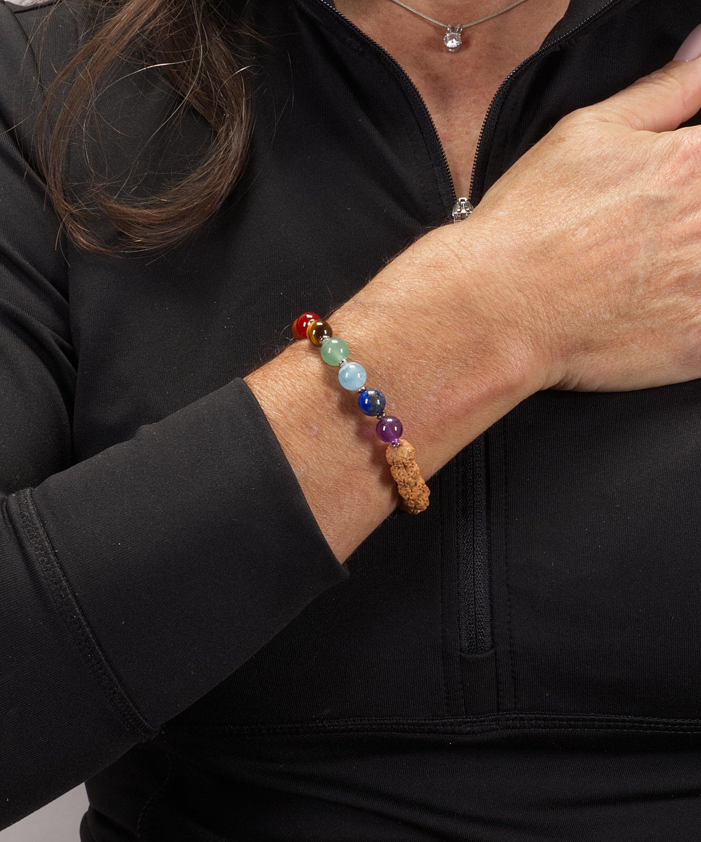 Cherry Tree Collection Chakra Stretch Bracelet | Genuine Natural 8mm Gemstones Beads, Silver Spacers | Men/Women (Rudraksha - Large)