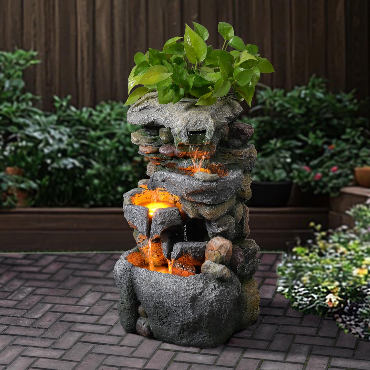 23" Tall Outdoor Water Fountain with Built-in Planter, 3-Tier Cascading Rock Waterfall with Warm LED Lights, Relaxing Zen Garden Fountain Decoration for Patio, Yard, Porch & Deck