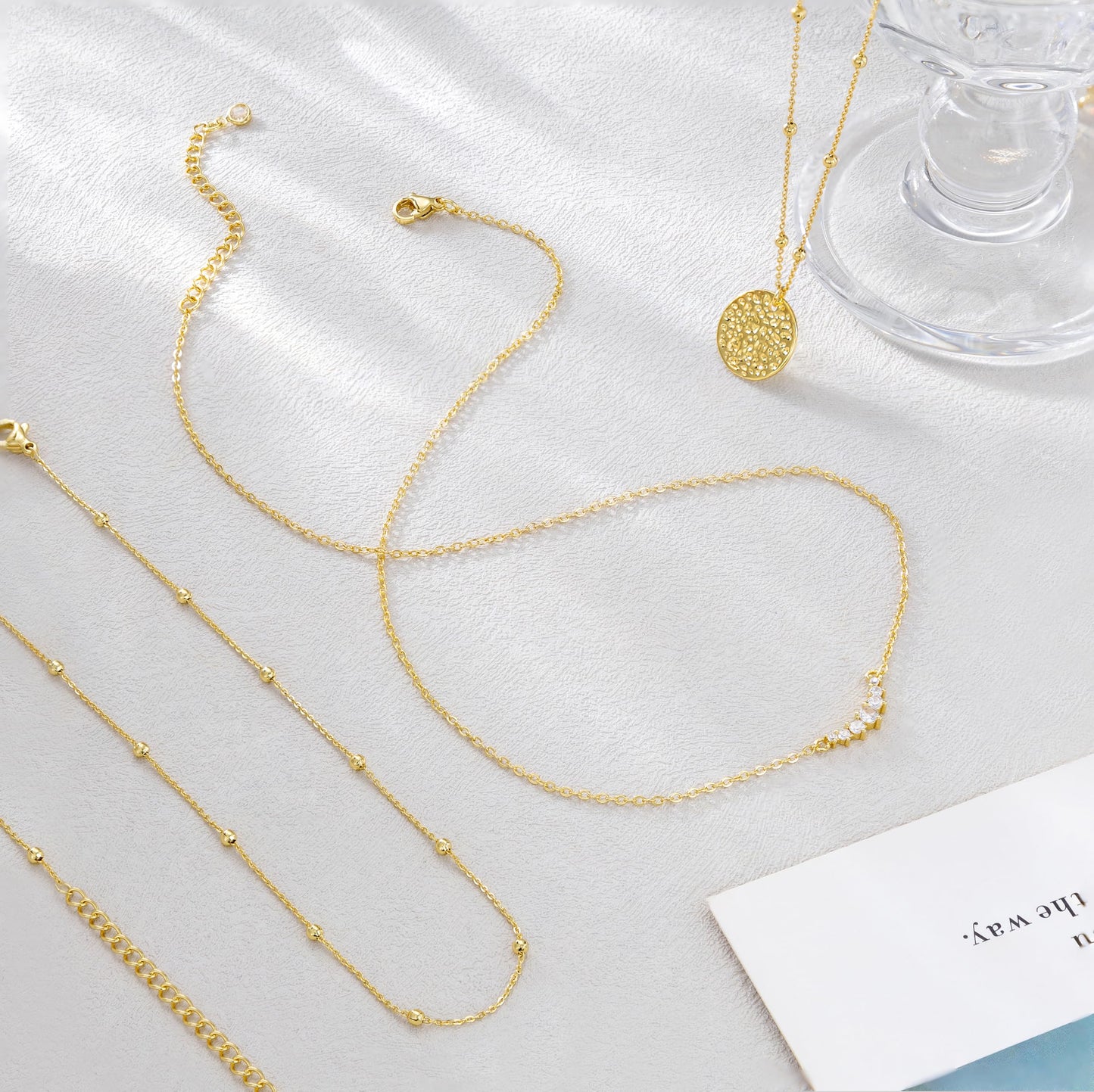 CHESKY 14K Gold Plated Layered Necklaces for Women,Stackable Dainty CZ Bar Disc Pendant Necklace Adjustable Layering Beads Chain Choker Necklace Jewelry Gifts