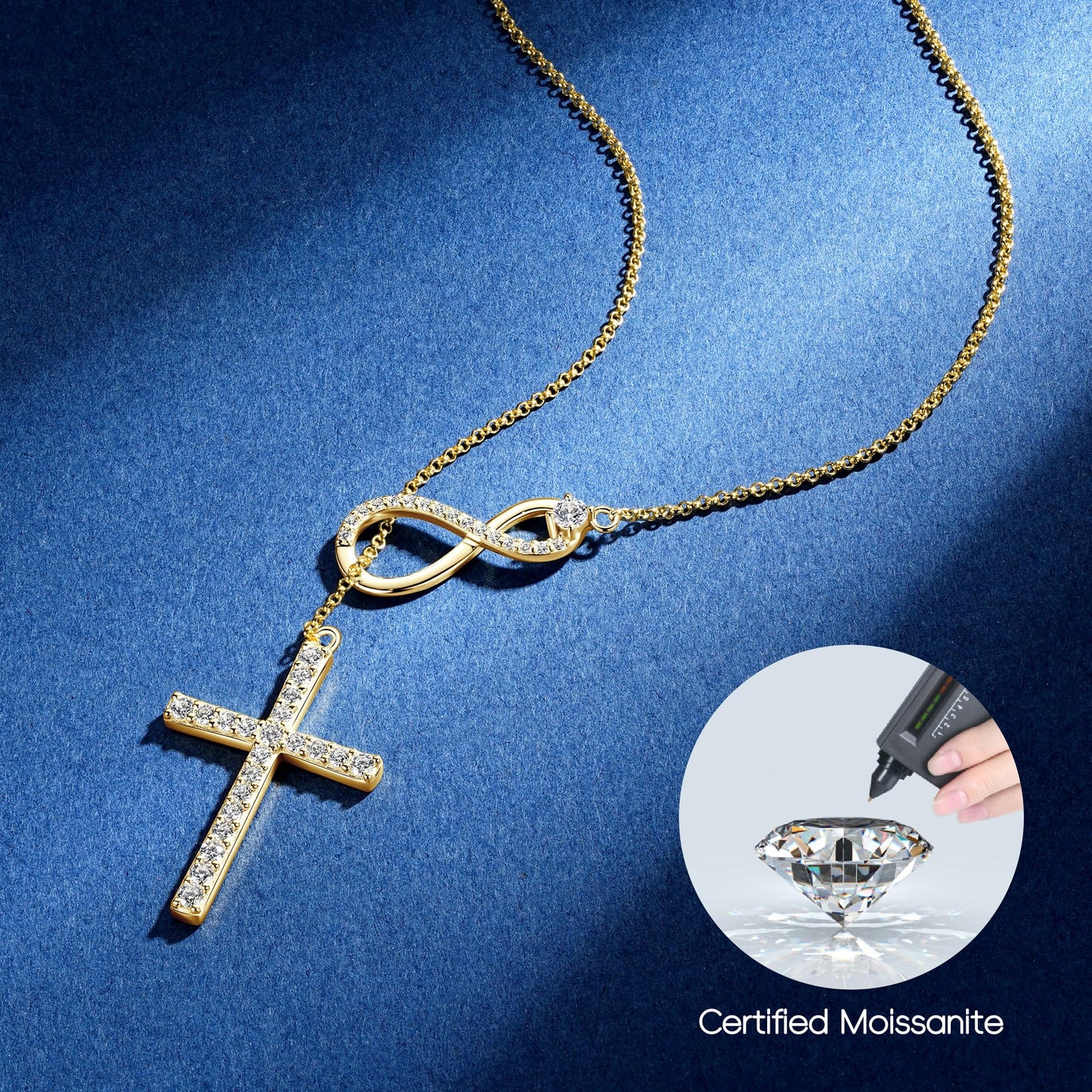 Moissanite Cross Lariat Necklace for Women Infinity Loop Cross Necklace 925 Sterling Silver Trendy Dainty Long Y Shape V-neck Necklace Jewelry Gifts for Wife, Girlfriend, Mom, Birthday, Anniversary Present