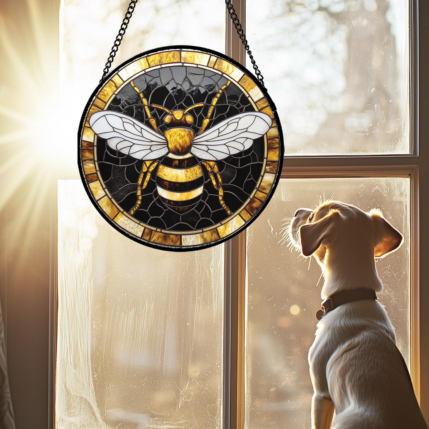 AMDERVEN Stained Glass Window Hanging - Black Gold Bee White Wings Sun Catcher for Door Home Decor Insect Suncatcher Christmas Mother's Day Birthday Gifts for Women Men Lovers Mom Nana 15 in