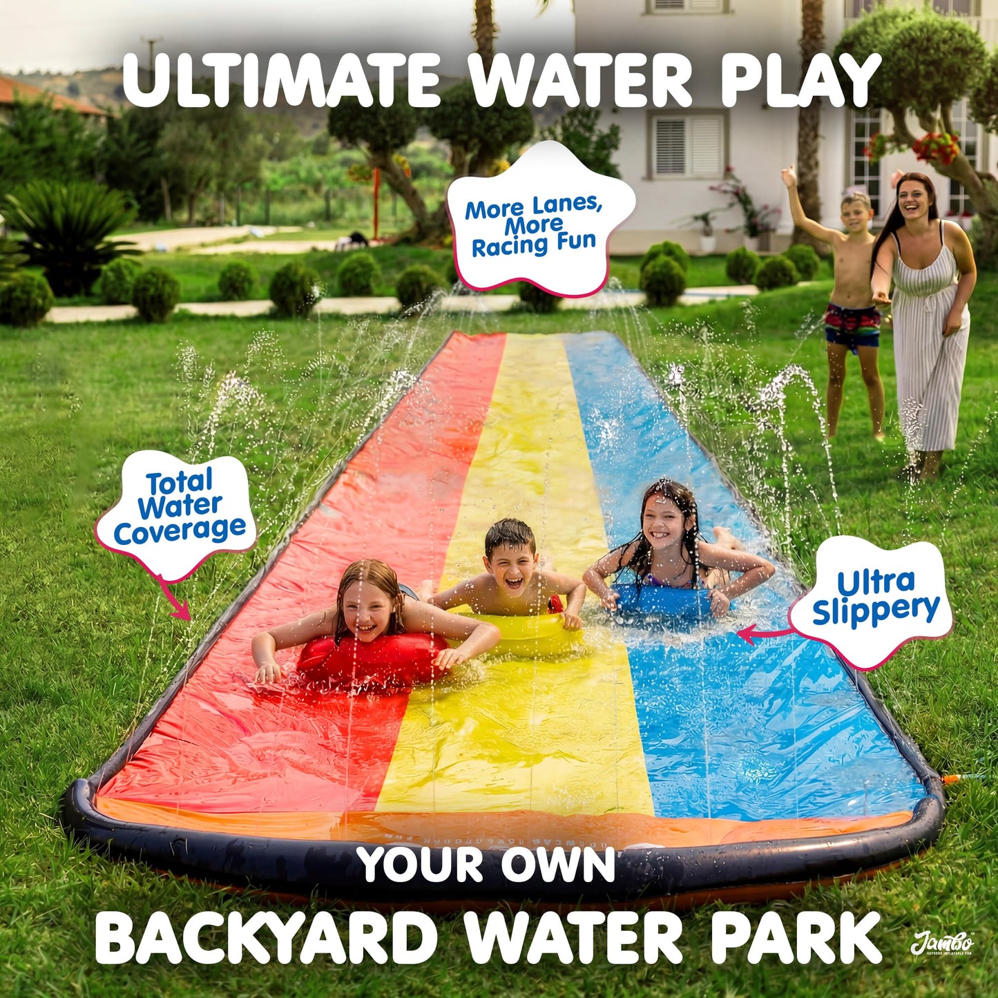 JAMBO Premium Triple Water Slide with 3 Bodyboards, 20Ft Heavy Duty Slip Splash and Slides-Advanced 3-Way Sprinkler System, Splash Pad Mat Backyard Summer Outdoor Water Toys n Long Slides for Kids