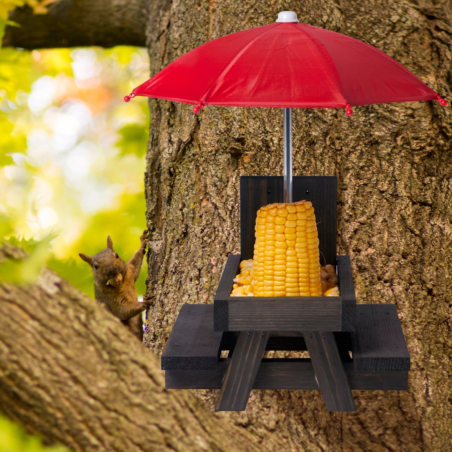 Squirrel Feeder Picnic Table, Squirrel Feeders for Outside with Umbrella and Flag, Black Wood Squirrel Feeder with Corn Cob Holder Cute Chipmunk Feeder for Yard and Porch Decoration