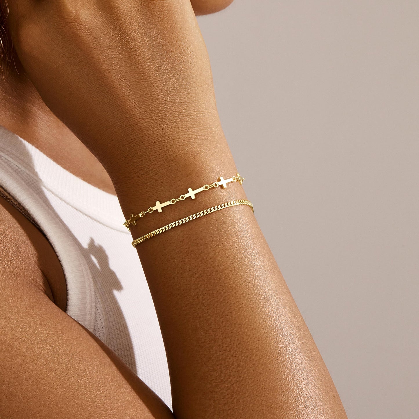 Poxtex Gold Cross Bracelets for Women, Gold Jewelry Set Dainty Waterpoof Cuban Link Layered Bracelet for Women Trendy Jewelry Gifts