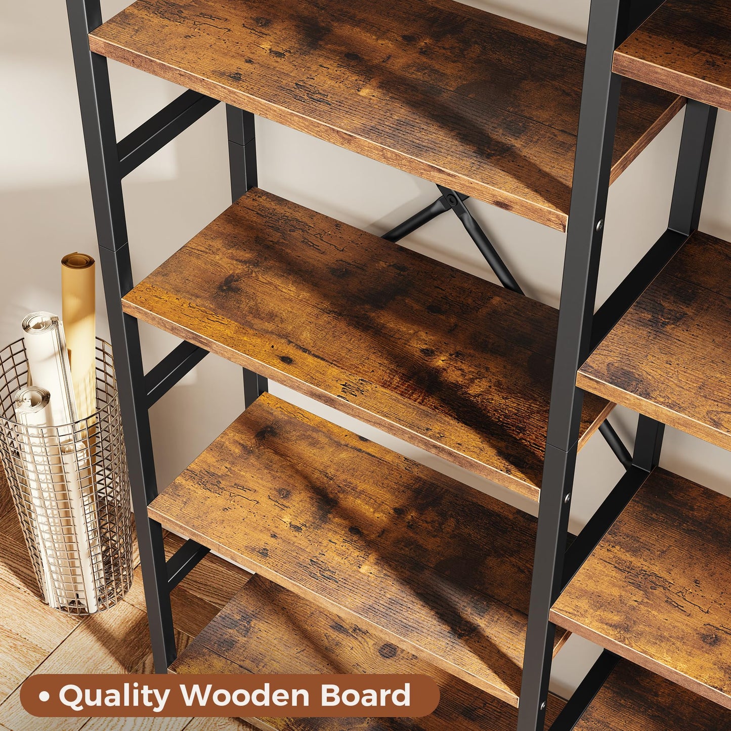 SUPERJARE Triple Bookshelf, Bookcase with 11 Open Display Shelves, Wide Book Shelf Book Case for Home & Office, 5 Tier, Rustic Brown