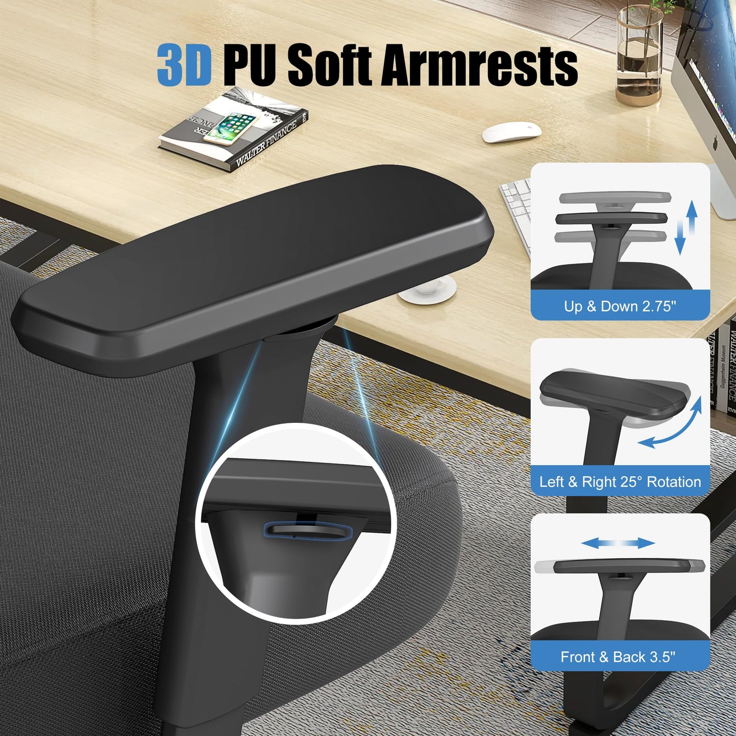 Ergonomic Office Chair with Adjustable Lumbar Support, 3D Arms and Headrest, High Back Wide Desk Computer Chair with Wheels, for Home & Office, Black