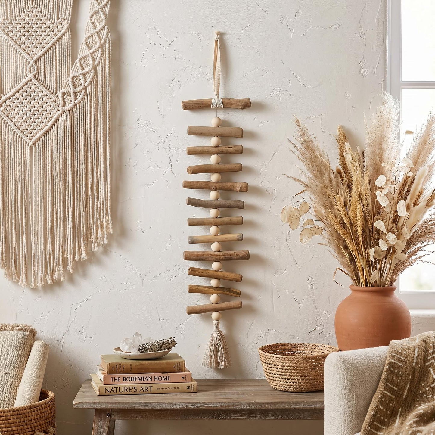 Yerliker Wooden Driftwood Wall Decor Decorative Wooden Beads Wall Hanging Bohemian Ethnic Style Tassel Wood Decor Home Living Room Bedroom Beach House and Gift
