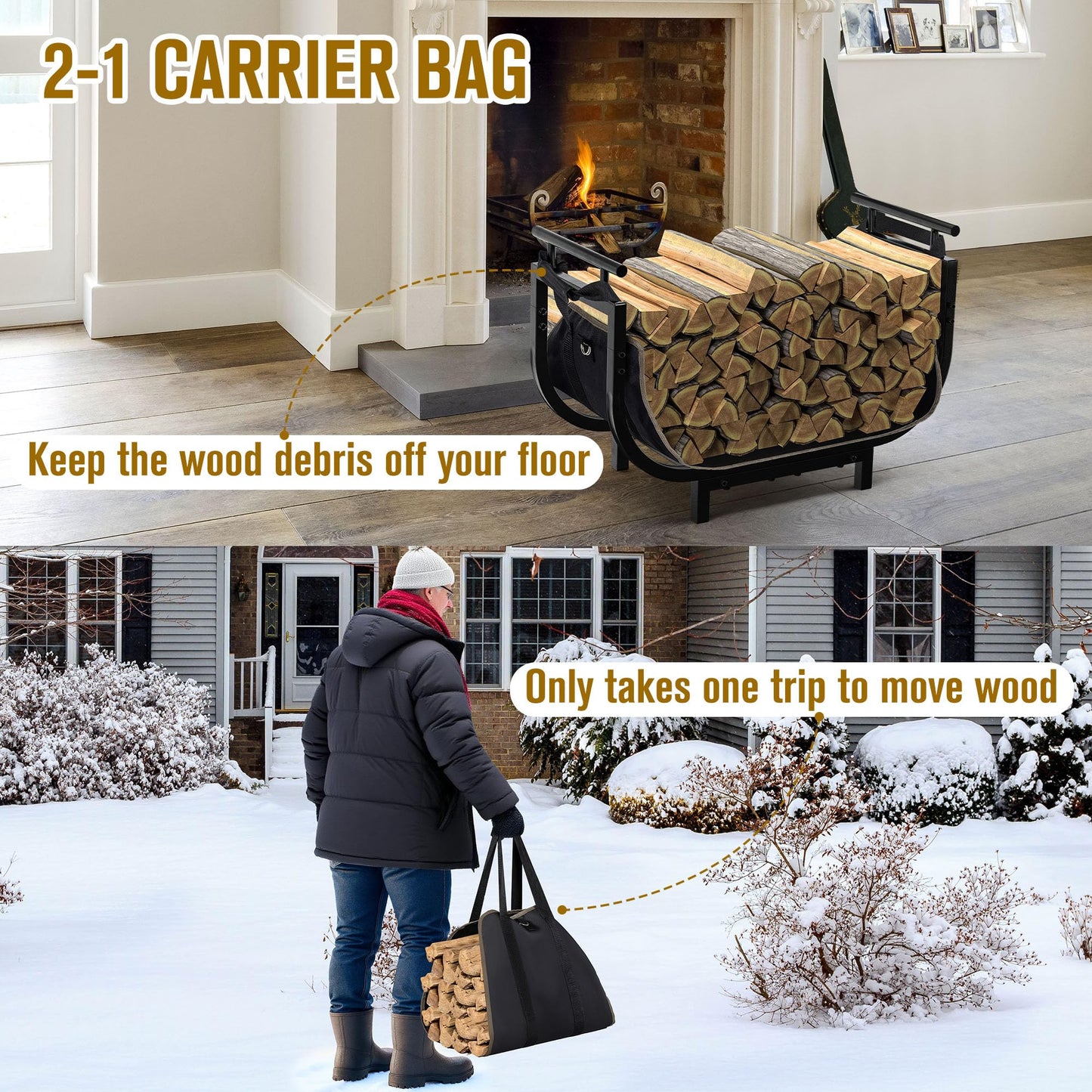 nalone 30 Inch Firewood Rack with Carrier Bag, Wood Rack for Outdoor Patio and Indoor Fireplace, Metal Wood Storage Log Holder for Outside Patio Deck
