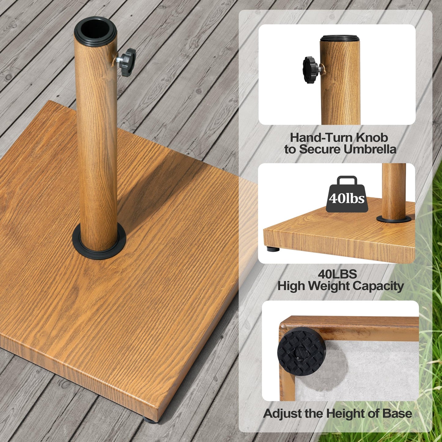 VredHom Patio Umbrella Base, 43lbs Outdoor Heavy Duty Square Concrete Stand, Fits 6-12ft Fringe Market Umbrella, Teak Brown