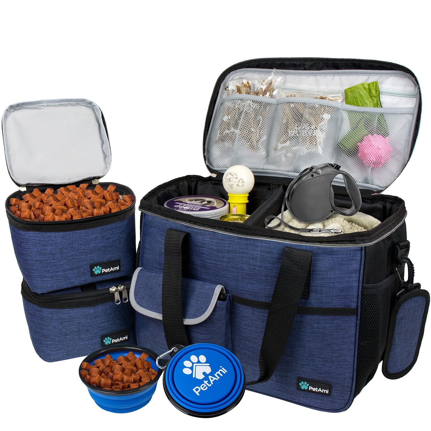 PetAmi Dog Travel Bag, Travel Pet Bag Organizer, Dog Food Travel Bag with Food Container and Bowls, Dog Travel Supplies Gift Accessories for Weekend Camping, Dog Cat Diaper Bag (Navy, Medium)