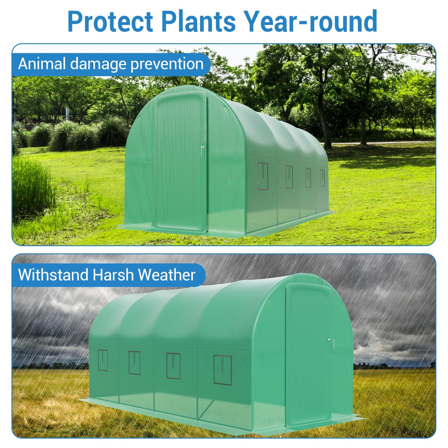 15X7x7 Ft Large Walk in Outdoor Greenhouse with Swing Door & 8 Mesh Windows, Plant Green House with Reinforced Galvanized Steel Frame & Durable PE Cover, Greenhouses for Outdoors Backyard Planting