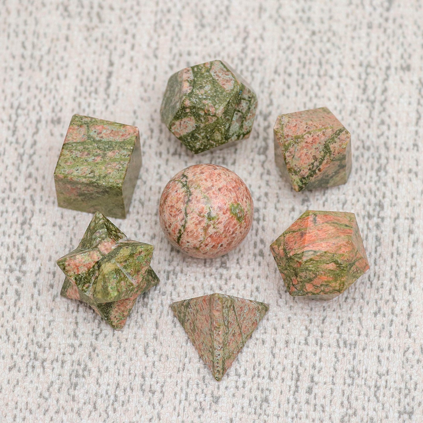 Crocon Unakite 7Pcs Platonic Solids Crystal Geometry Set, Platonic Solids Sacred Geometric Stones for Meditation Reiki Balancing Healing Chakra Stone Cleansing Spiritual Good Luck (15-20 mm)
