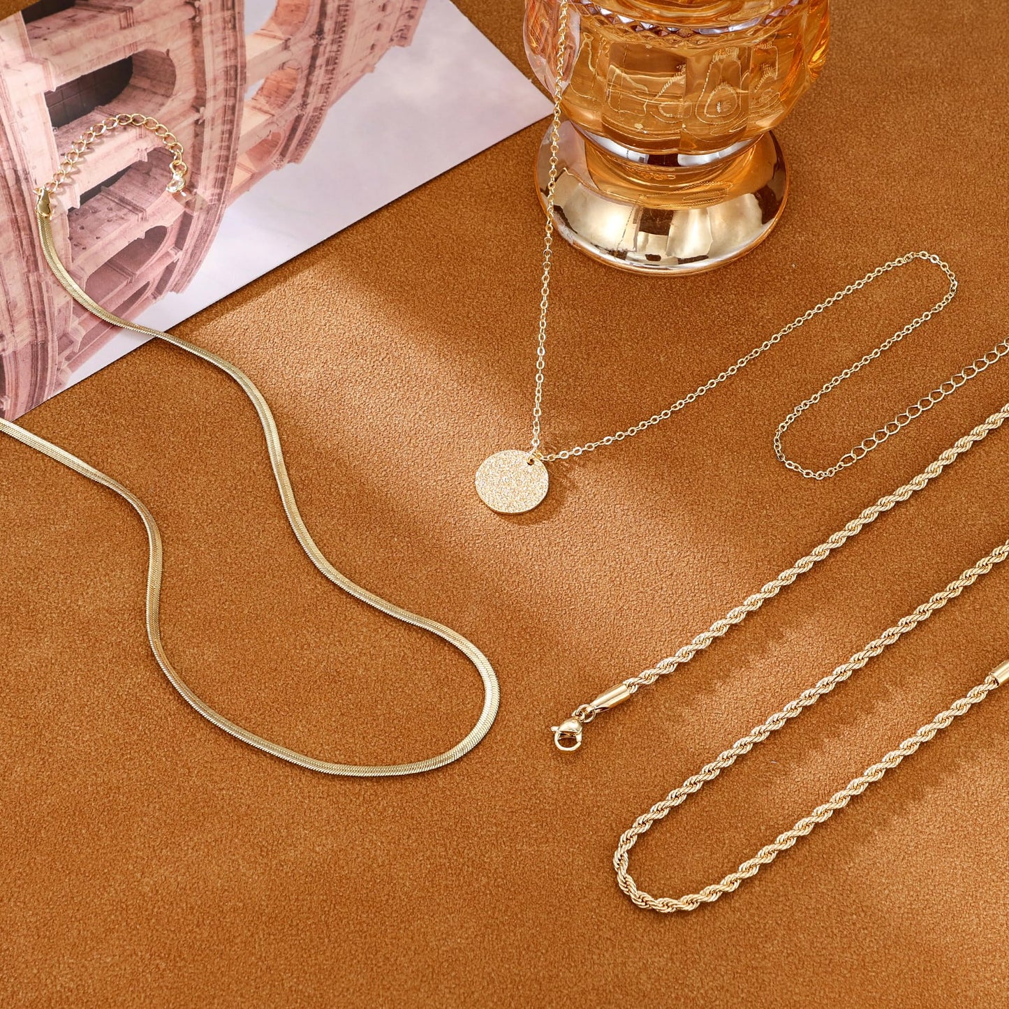 CHESKY Layered Necklace for Women Trendy,Dainty 14K Gold Plated Bar Disc Pendant Necklace Simple Snake Rope Chain Gold Jewelry Set for Women Gifts