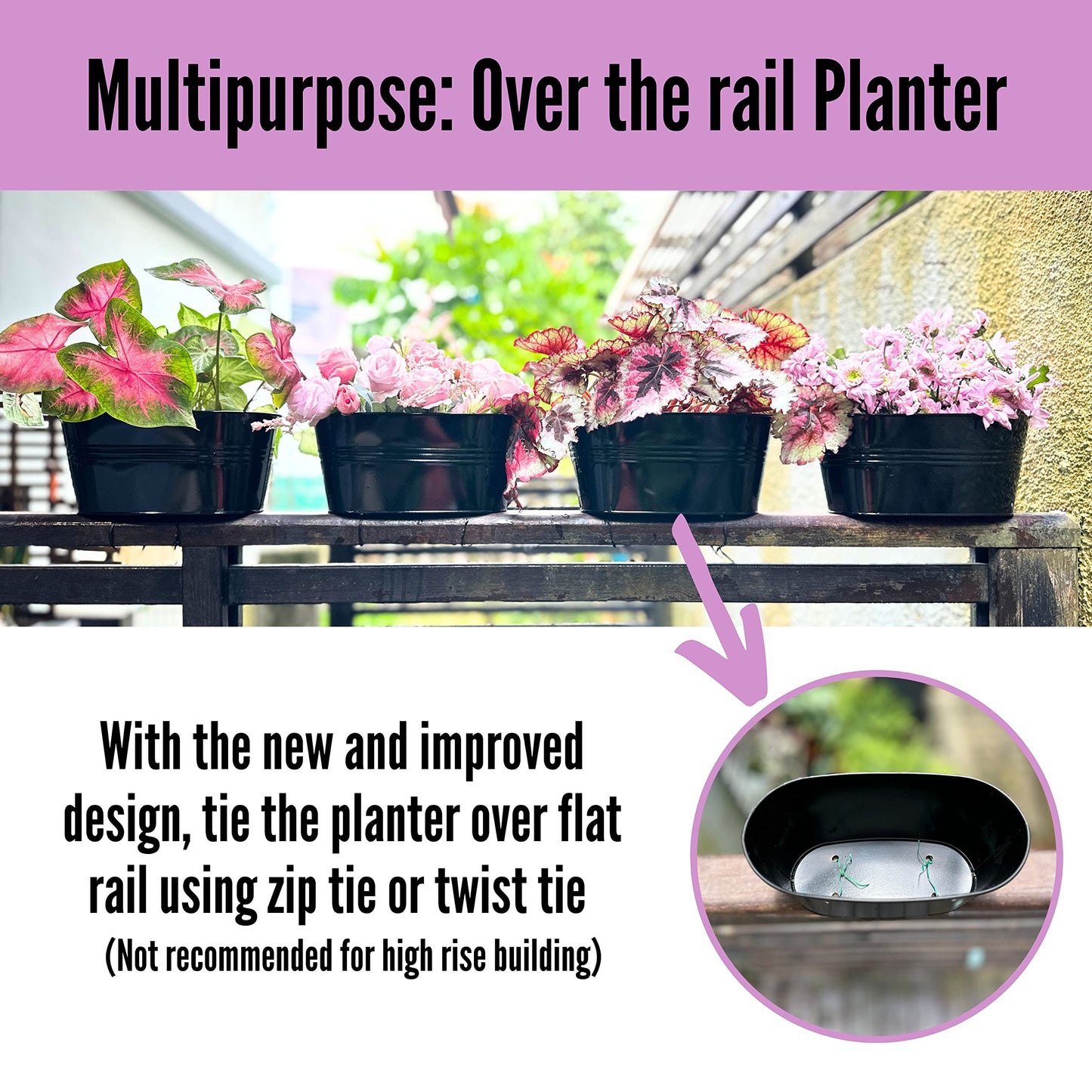 LaLaGreen Outdoor Rail Planter for Balcony (4 Pack, 9.8 Inch) Small and Cute Black Metal Iron Fence Hanging Flower Pots Deck Railings Buckets Boho Style Window Box Plant Holder Hooks Porch Decor