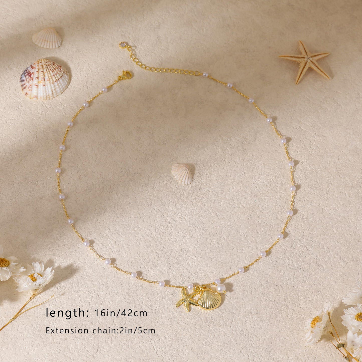 Charm Necklace for Women, 14k Gold Plated Boho Summer Shell Necklace Cute Gold Necklaces for Women Trendy Beach Pearl Seashell Pendant Necklaces Fashion Waterproof Summer Jewelry